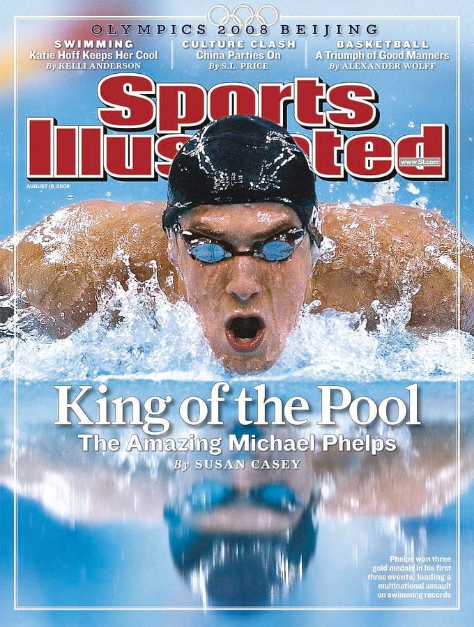 Head-on photo of Michael Phelps on the cover of Sports Illustrated in 2008
